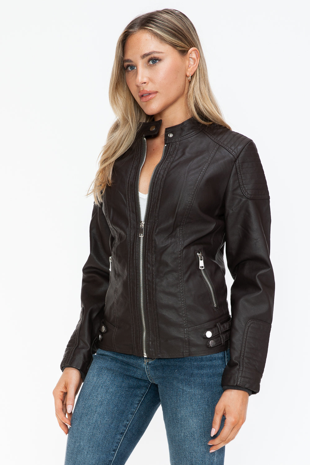 Outfit Flow - Snobbish Faux Leather Biker Jacket with Side Zip Pockets