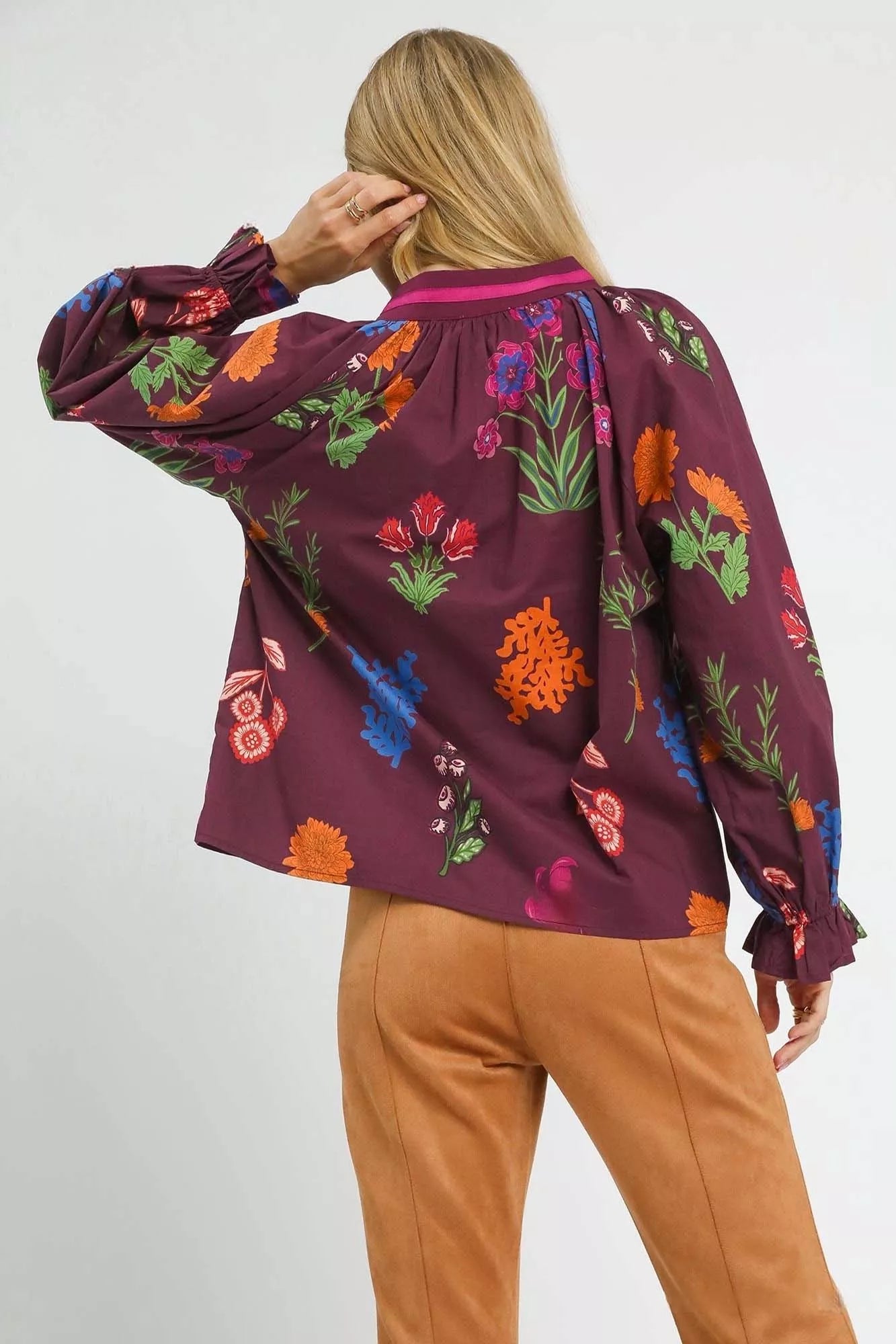 Umgee Floral Print Flounce Sleeve Blouse OutfitFlow