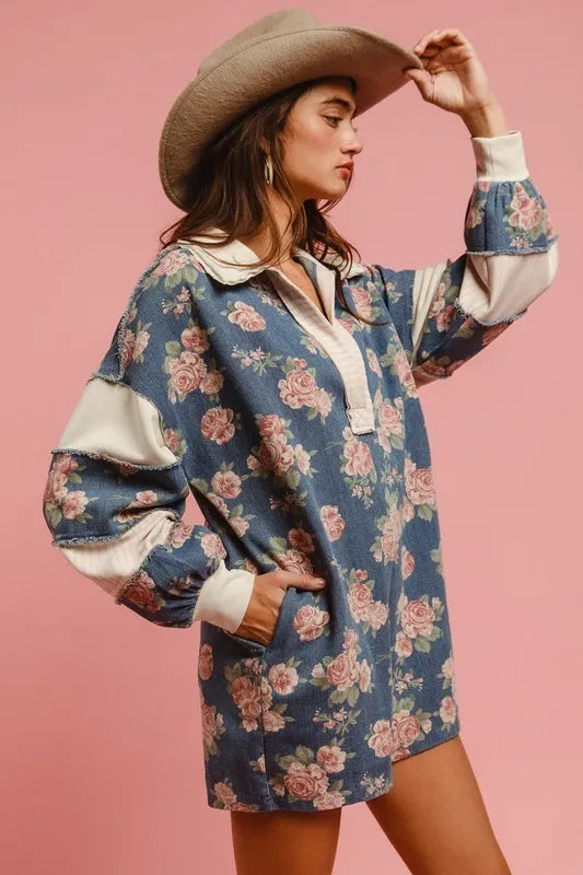 BiBi Washed Floral Denim Romper With Contrast Collar OutfitFlow