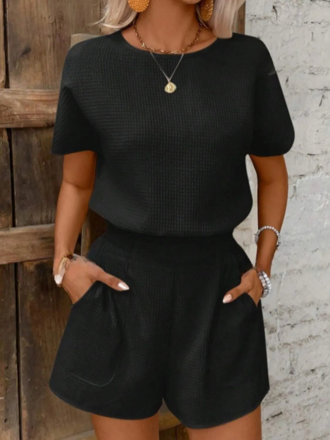 Round Neck Short Sleeve Top and Shorts Set OutfitFlow