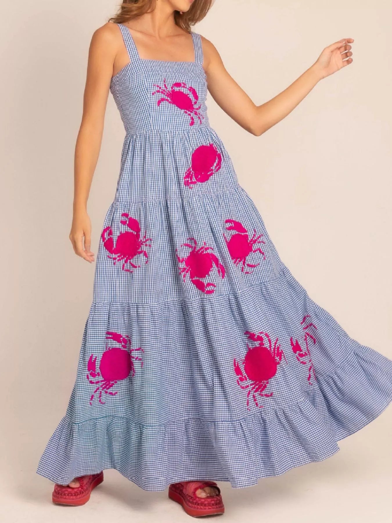 Embroidered Square Neck Tiered Maxi Cami Dress Blue Check OutfitFlow