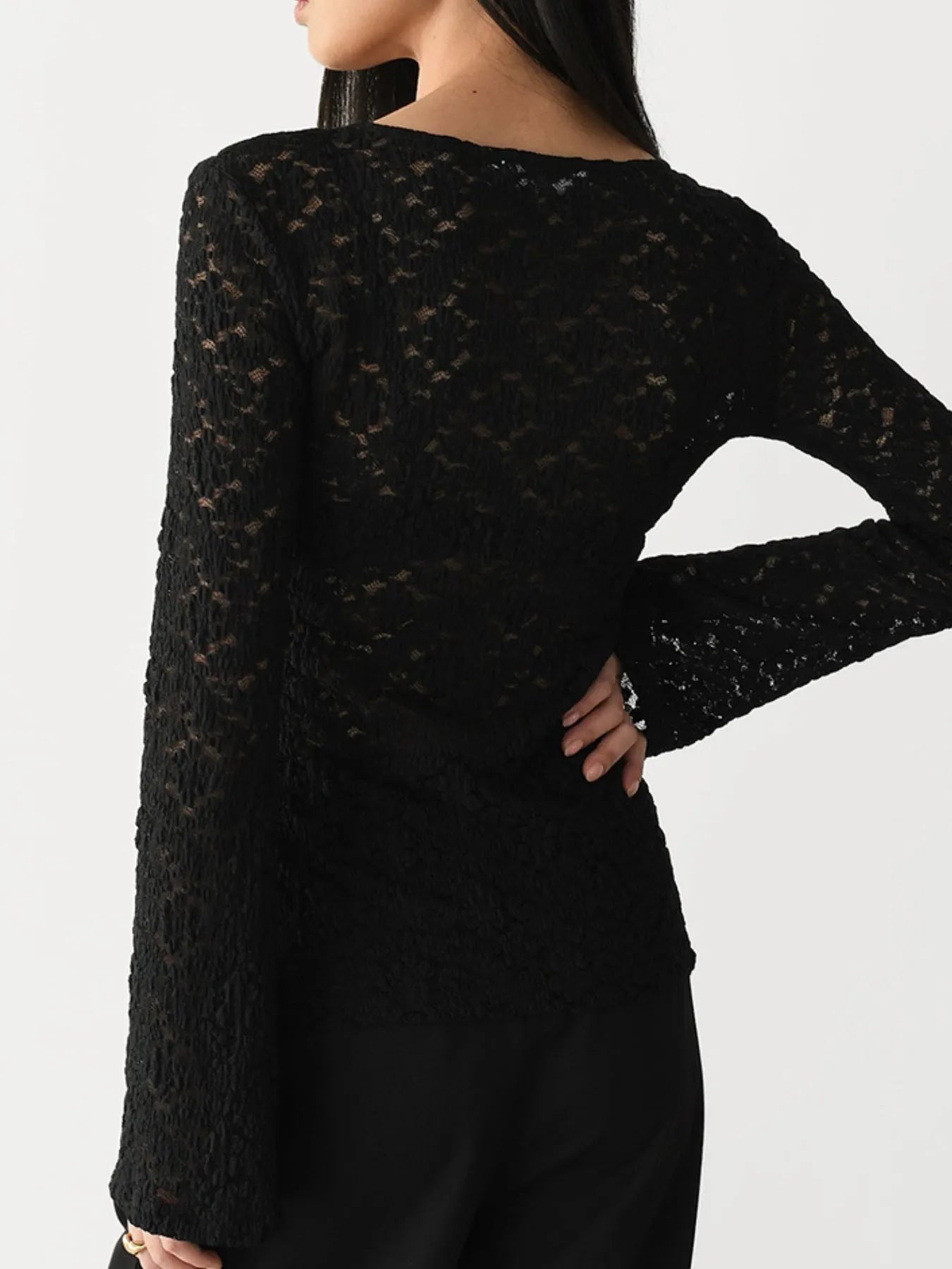 Lace V-Neck Flare Sleeve T-Shirt OutfitFlow