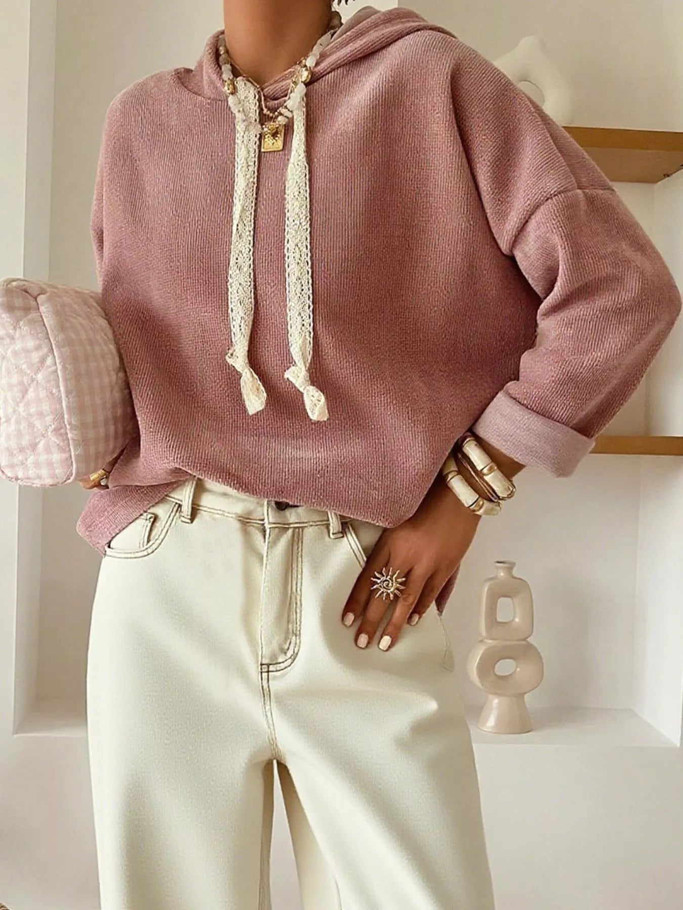 Drawstring Dropped Shoulder Hoodie Dusty Pink OutfitFlow