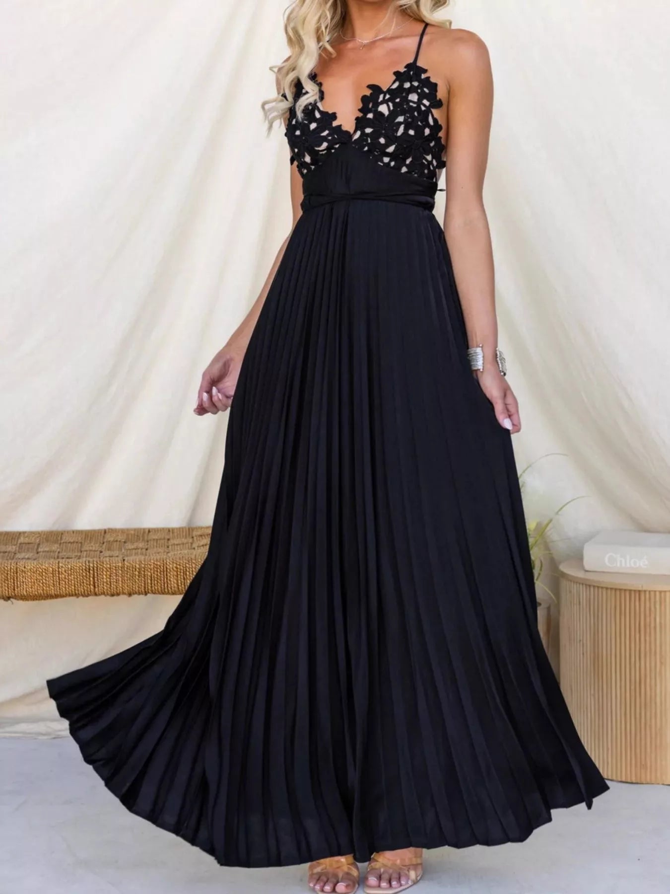 Pleated Backless Maxi Cami Dress OutfitFlow