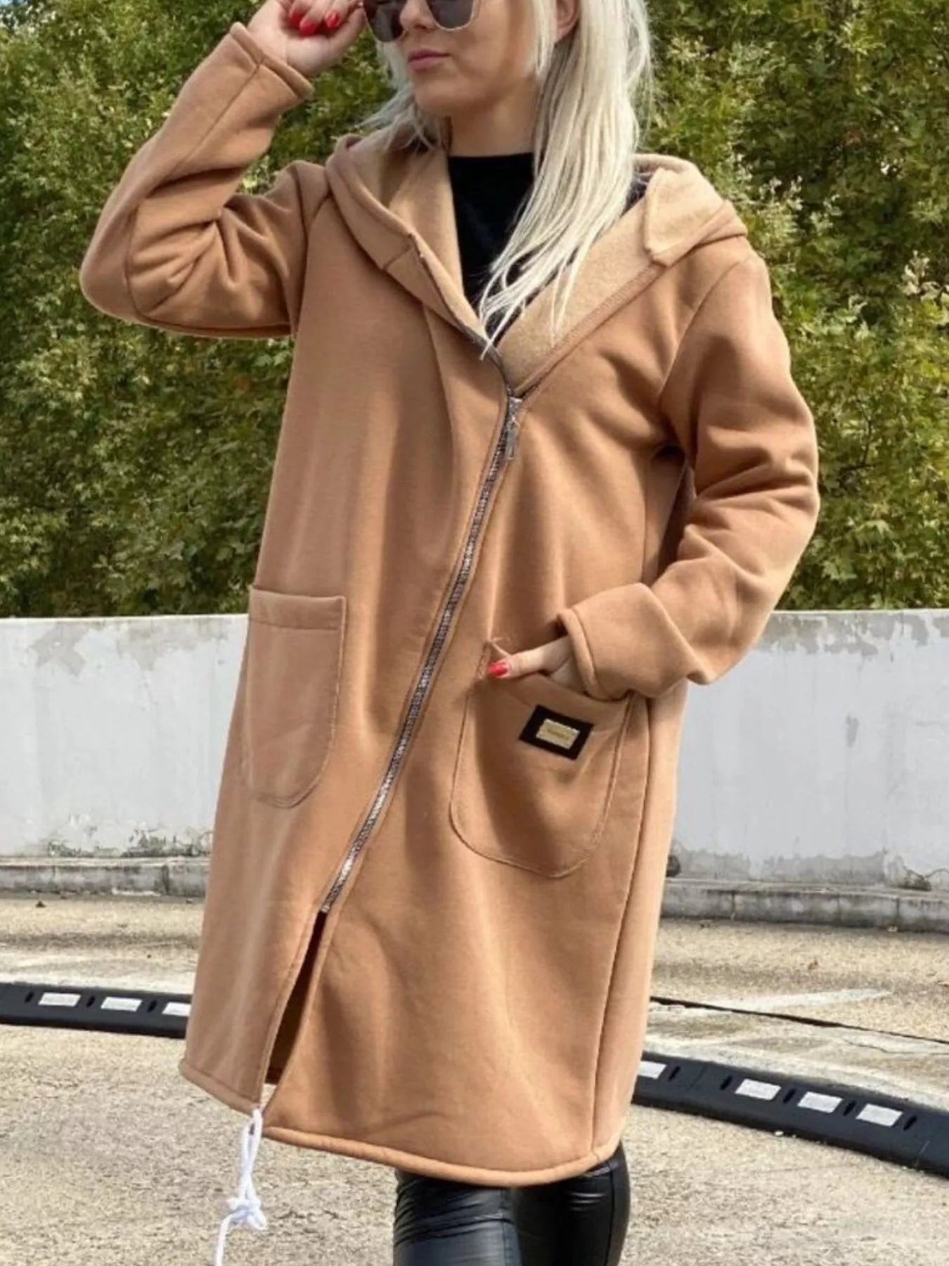 Full Size Asymmetrical Zip-Up Hooded Fleece Outerwear Plus Size Trendsi