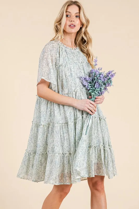 Lime 'N' Chili Ditsy Floral Print Sheer Ruffle Detail Mini Dress OutfitFlow