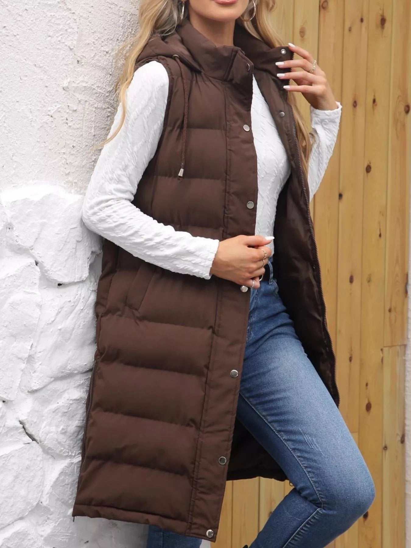 Full Size Snap Down Hooded Padded Longline Vest Coat Plus Size Brown OutfitFlow