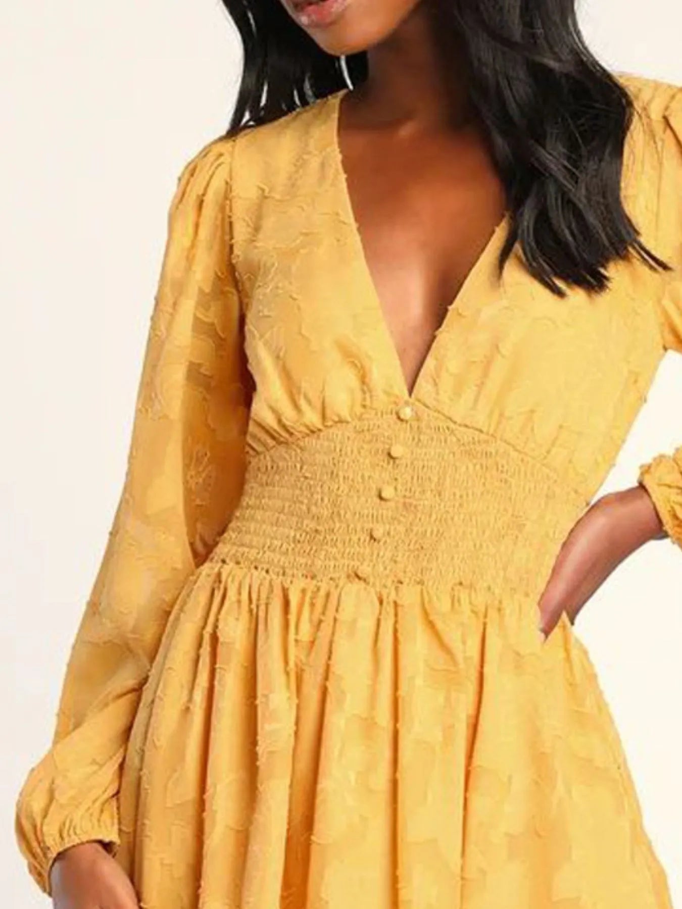 Smocked V-Neck Balloon Sleeve Dress OutfitFlow