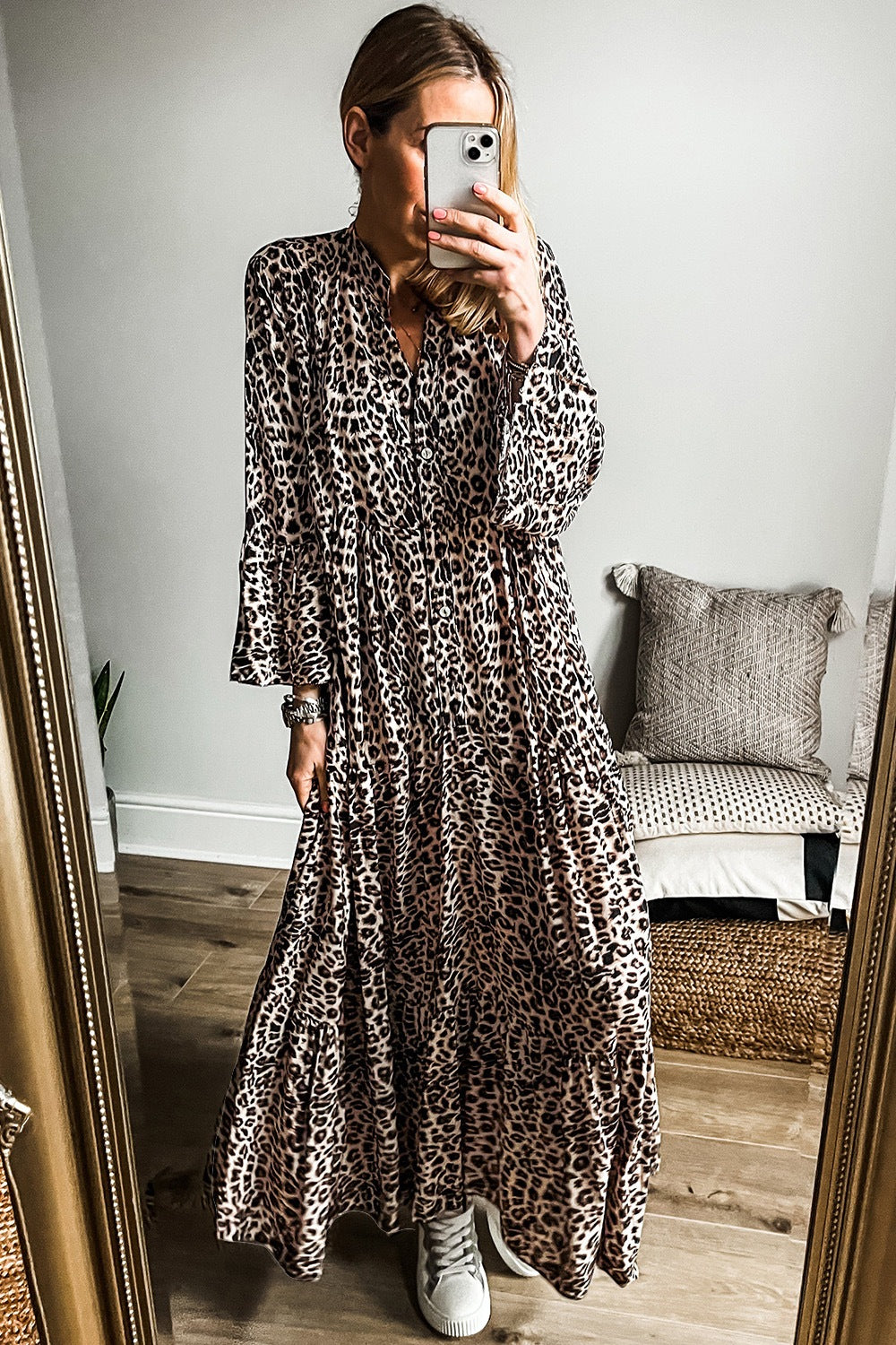 Leopard Notched Long Sleeve Maxi Dress