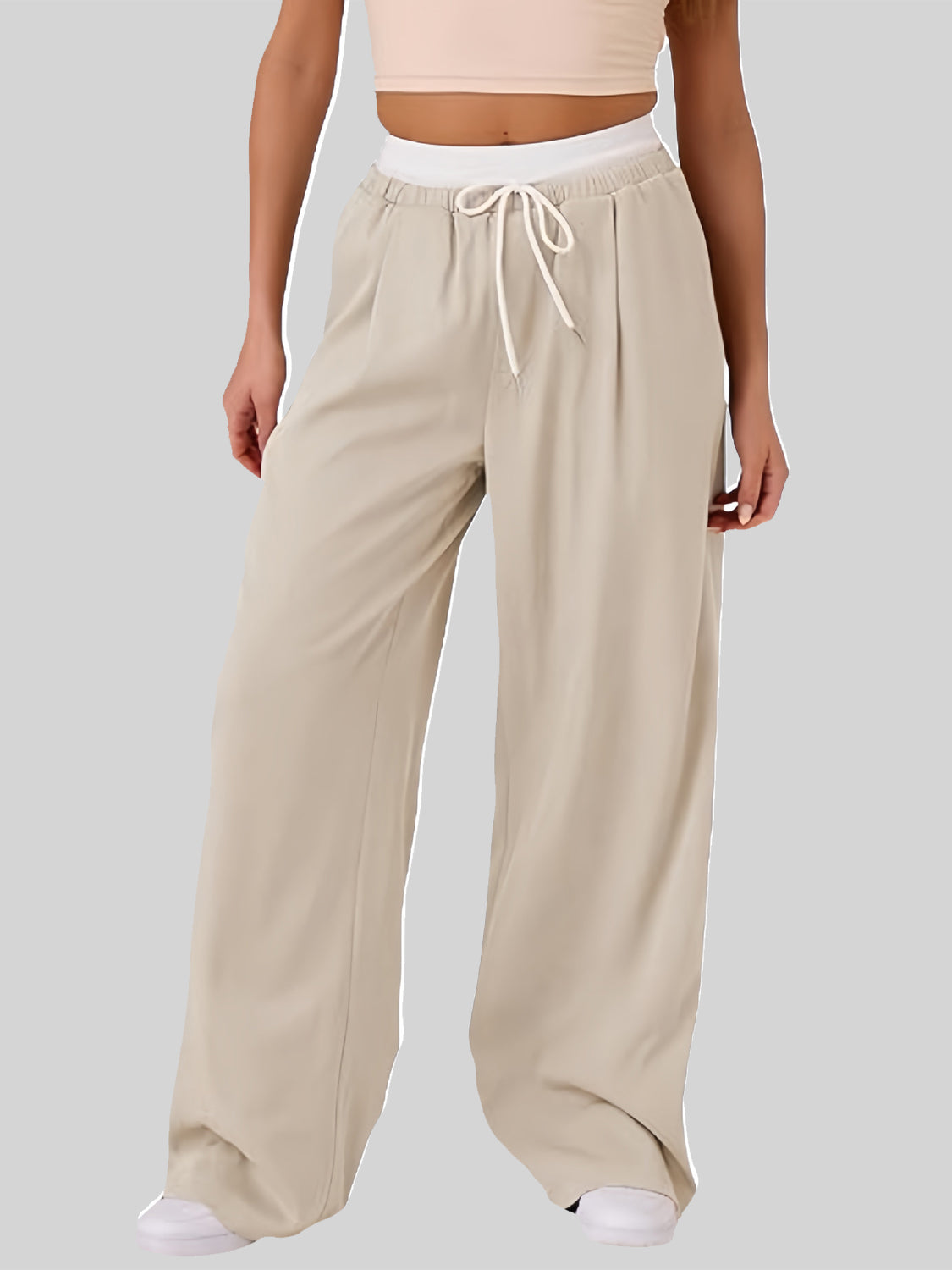 Outfit Flow - Contrast Waistband Drawstring Wide Leg Pants