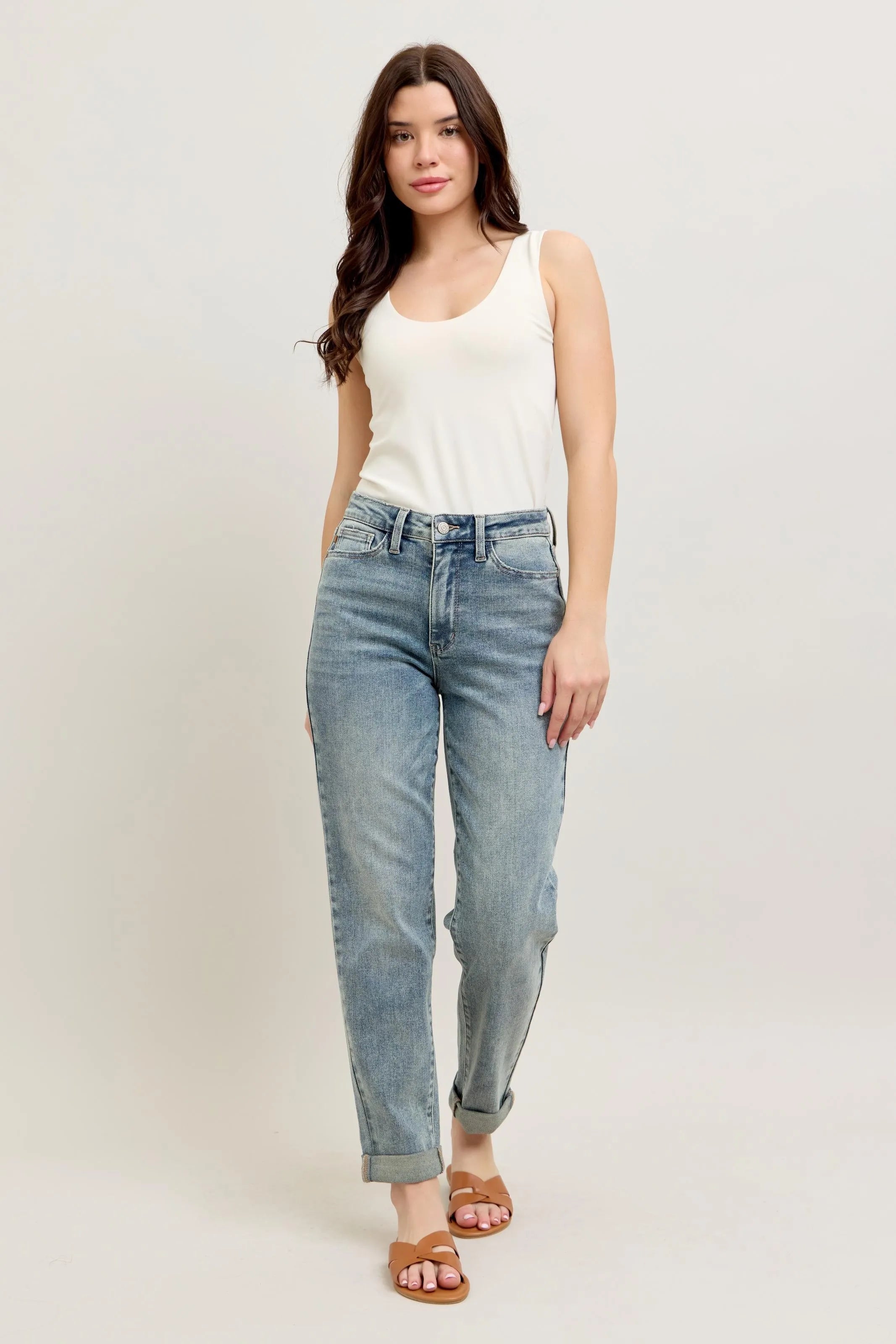 Judy Blue Full Size Hw Vintage Wash Double Roll Cuff Bf Jeans Plus Size OutfitFlow