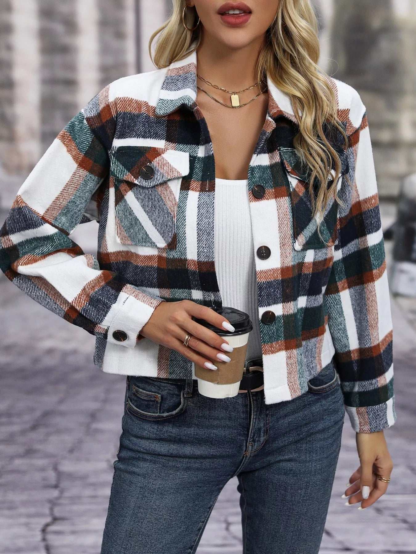 Plaid Oversized Button-Up Cropped Jacket OutfitFlow