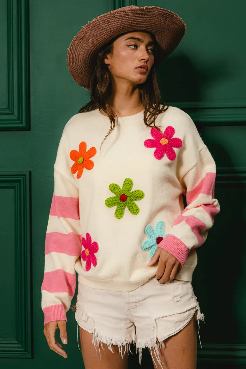 BiBi Colorful Floral Patched Sweater with Striped Sleeve OutfitFlow