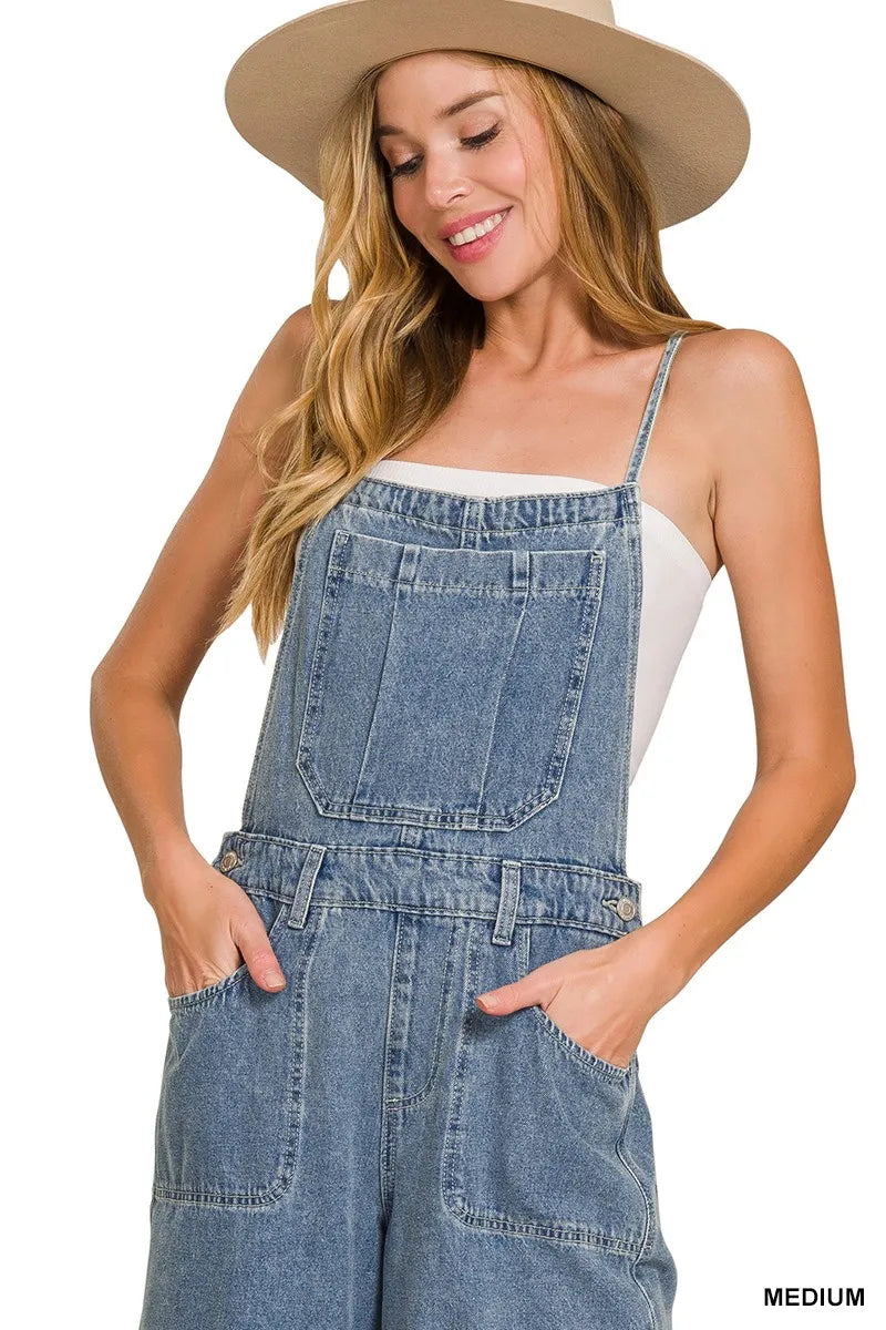 Zenana Denim Medium Washed Wide Leg Overalls Trendsi