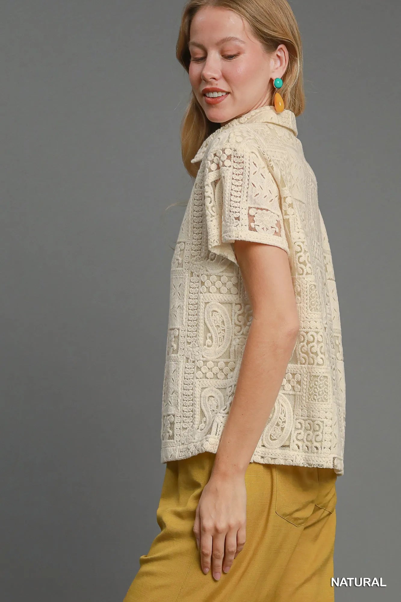 Umgee Patch Lace Short Sleeve Button Down Shirt Trendsi