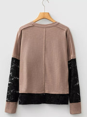 Sheer Lace Patchwork Casual Long Sleeve Tee OutfitFlow