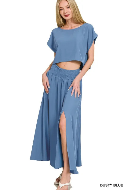 Zenana Woven Crinkle Gauze Crop Tee and Skirt Set OutfitFlow
