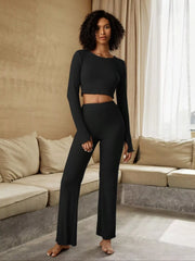 Round Neck Long Sleeve Top and Pants Set Black OutfitFlow