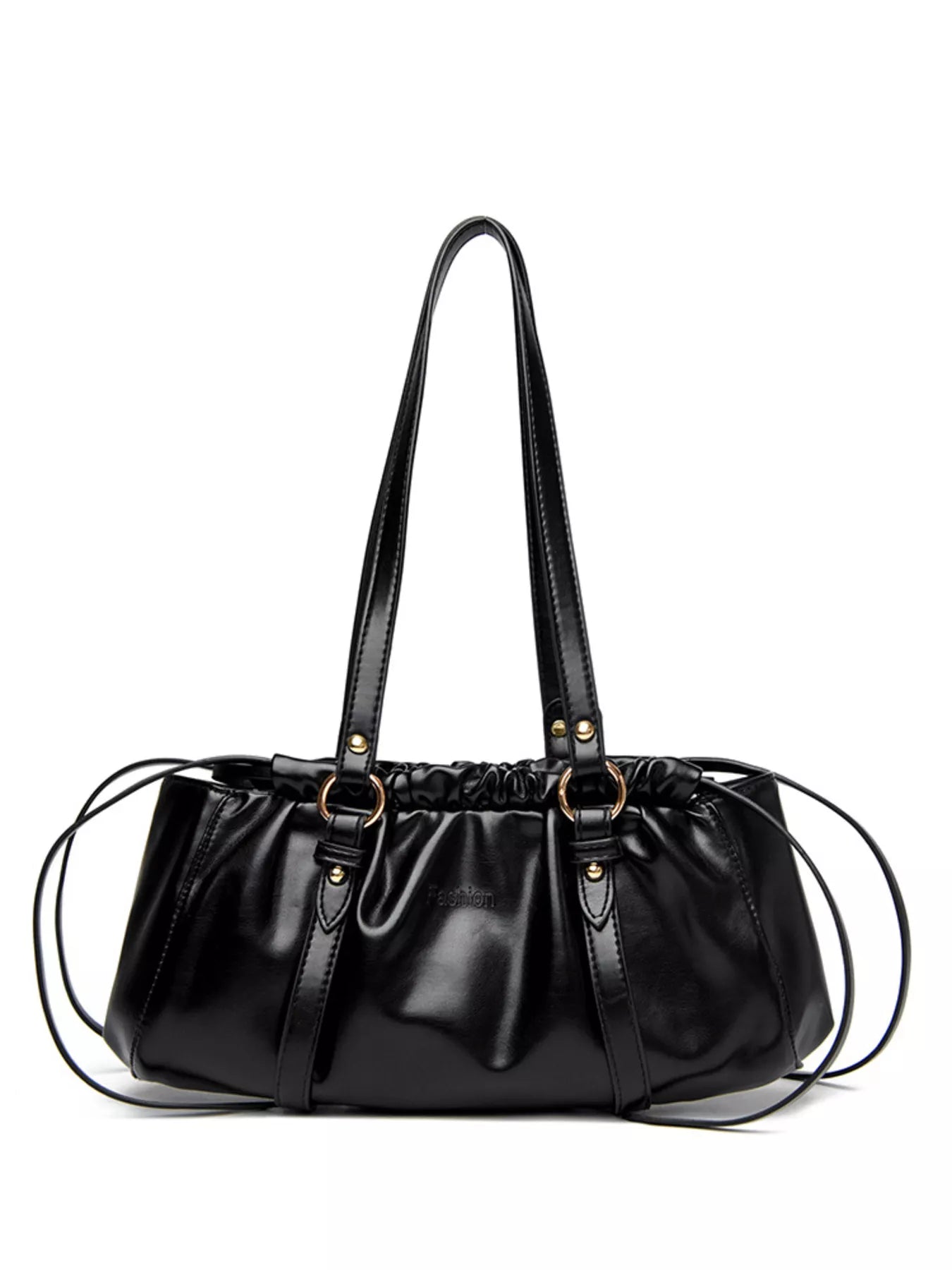 Ruched Leather Shoulder Bag Black onesize OutfitFlow