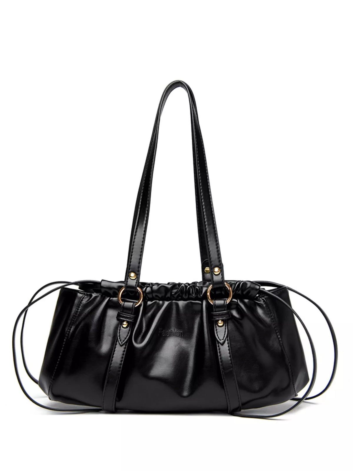 Ruched Leather Shoulder Bag Black onesize OutfitFlow
