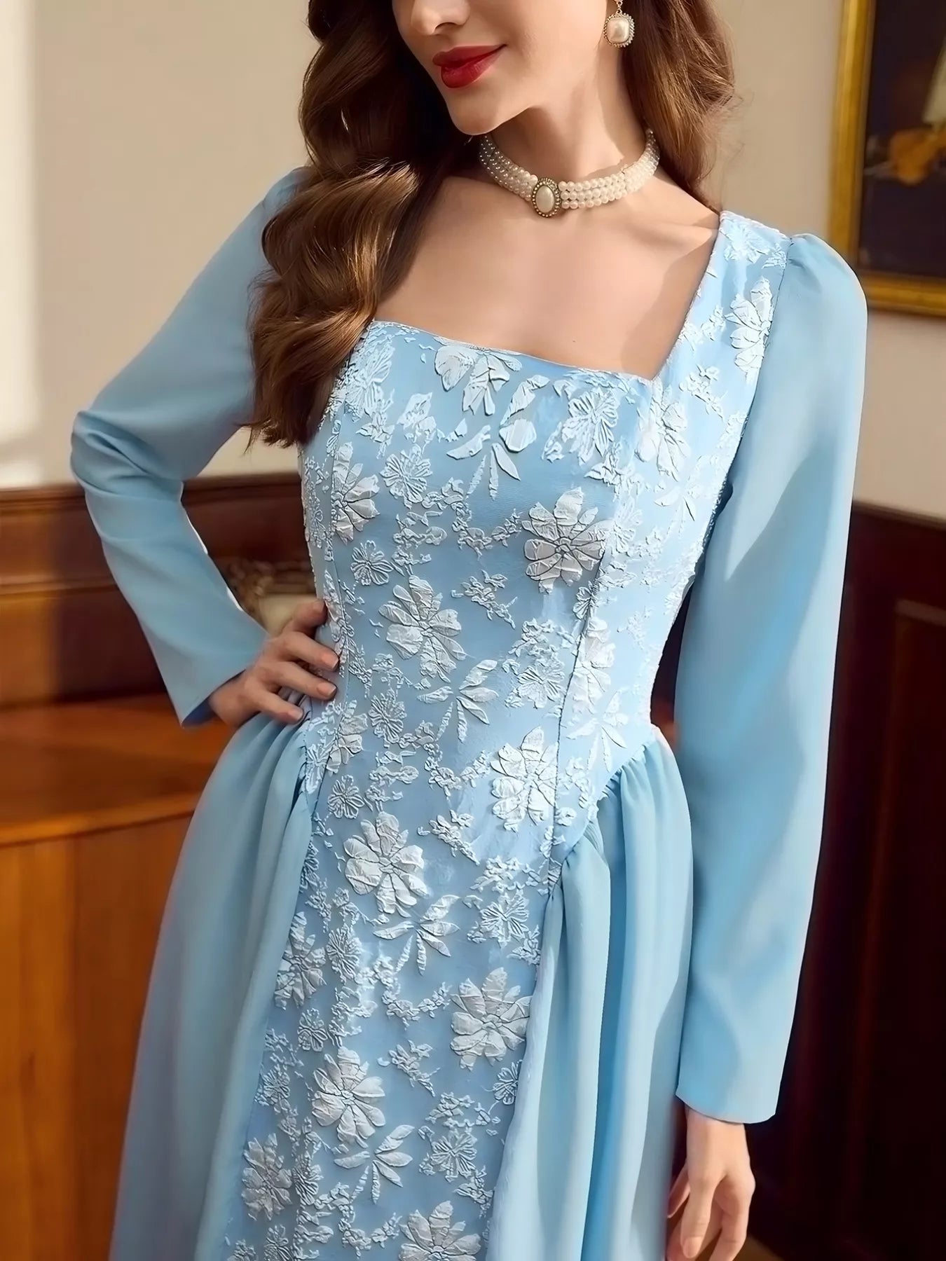 Flower Square Neck Long Sleeve Dress OutfitFlow