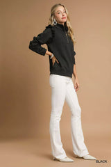 Umgee Cable Knit Textured Pullover with Ruffle Shoulders OutfitFlow