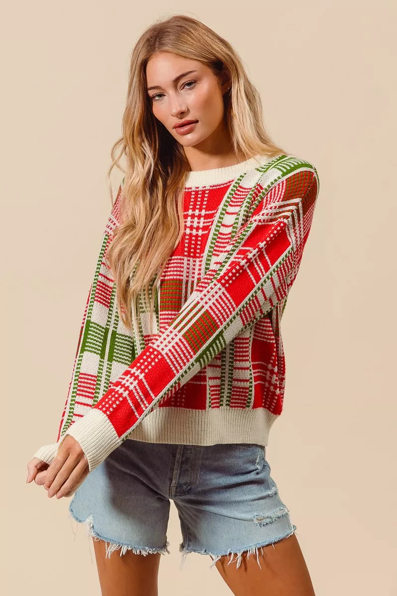 SO ME Christmas Color Checkered Plaid Crew Neck Sweater Trendsi