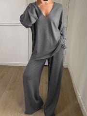 Plus Size Relaxed Fit V-Neck Top and Pants Set OutfitFlow