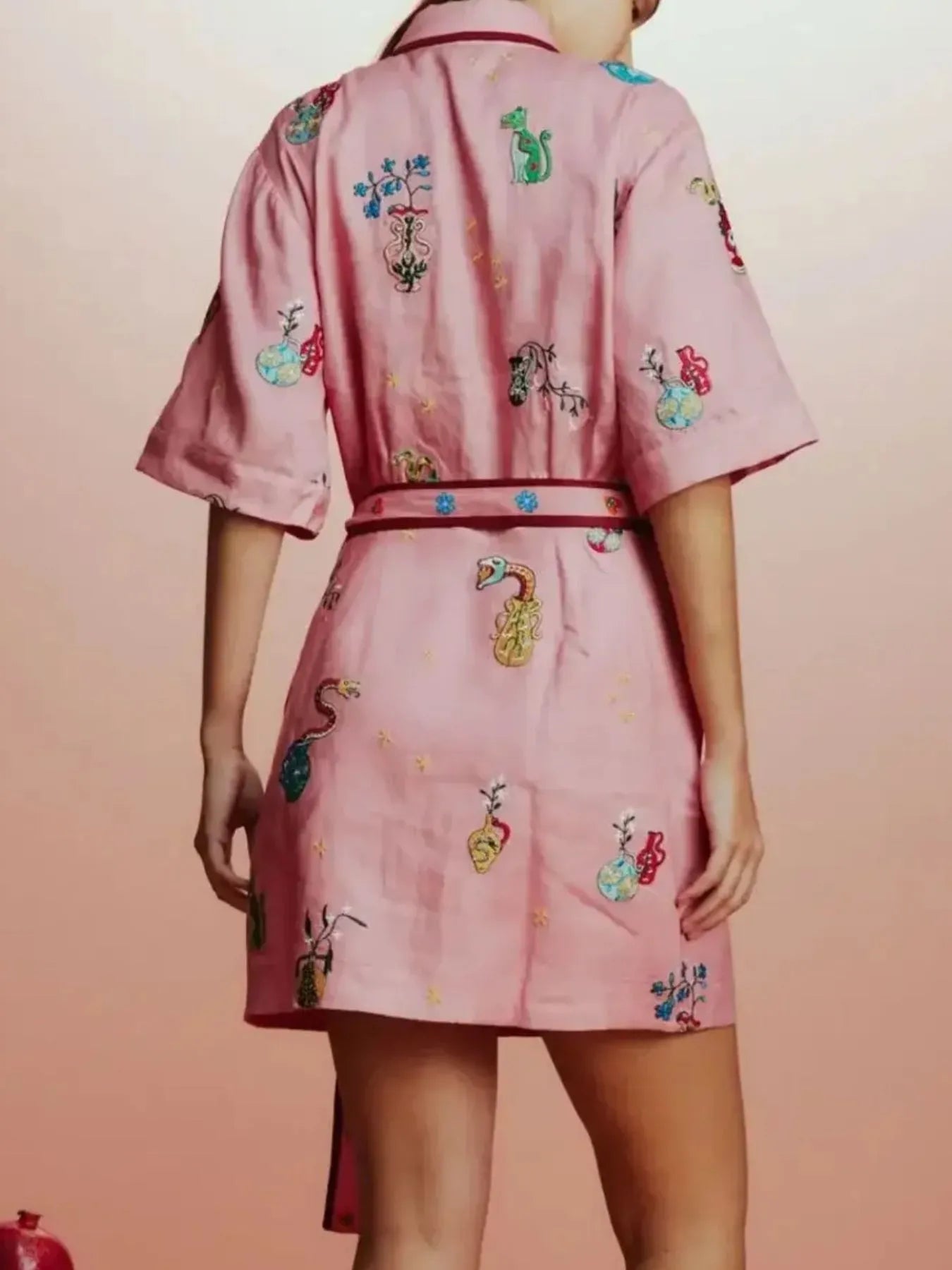 Printed Tie Waist Half Sleeve Shirt Dress OutfitFlow