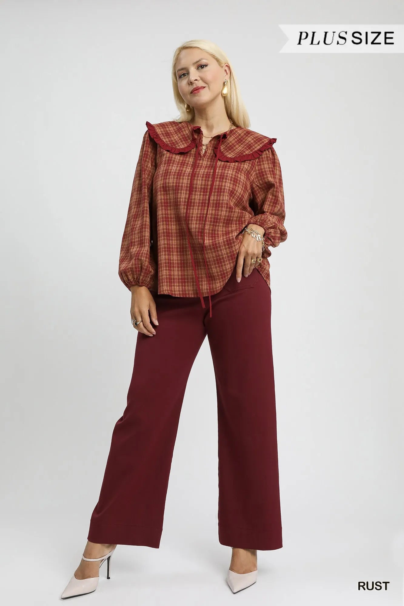 Umgee Full Size Plaid Ruffle Collar Blouse Plus Size Trendsi