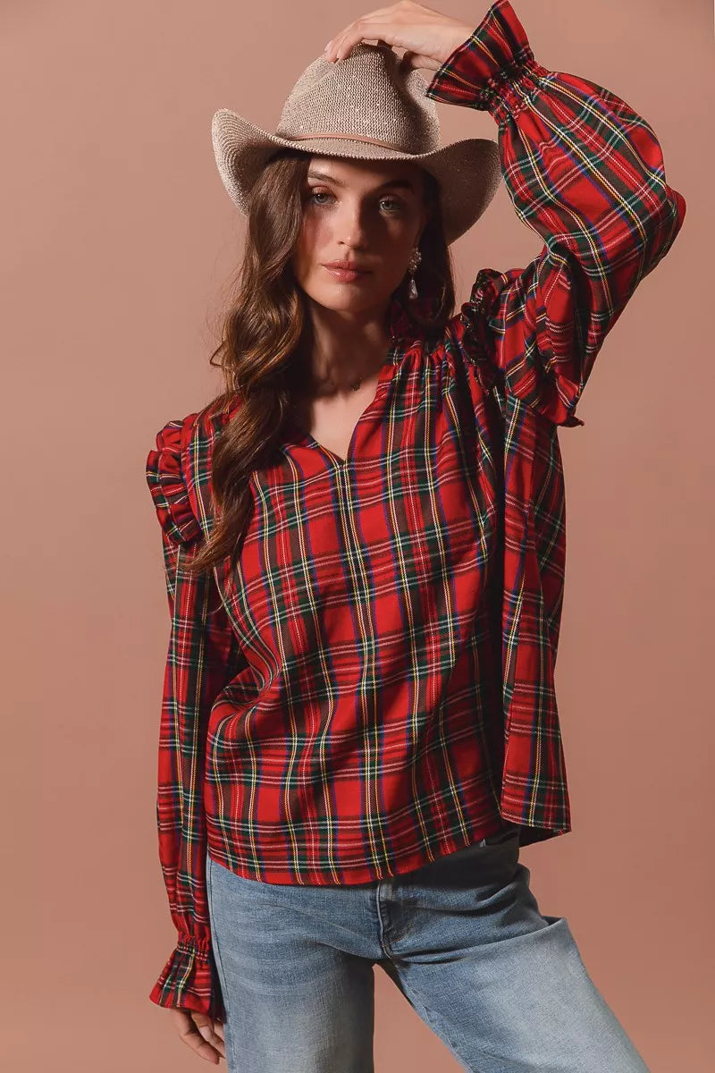 SO ME Christmas Checkered Plaid Smocked Blouse OutfitFlow