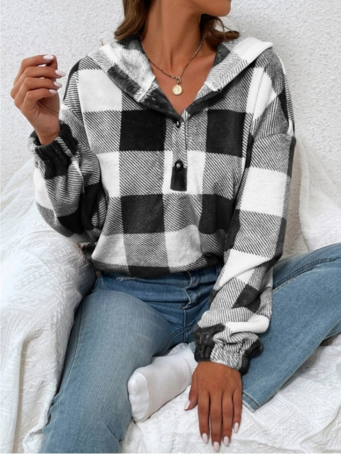 Outfit Flow - Plaid Half Button Long Sleeve Hoodie