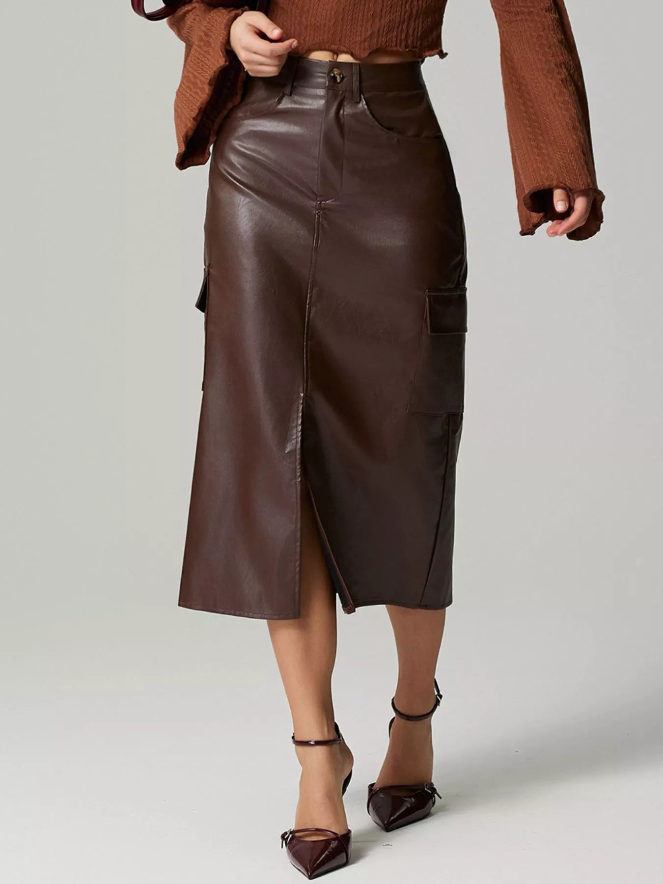 Slit Leather Cargo Skirt Dark Brown OutfitFlow