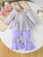 Children's Gingham Smocked Top and Bow Pants Set OutfitFlow