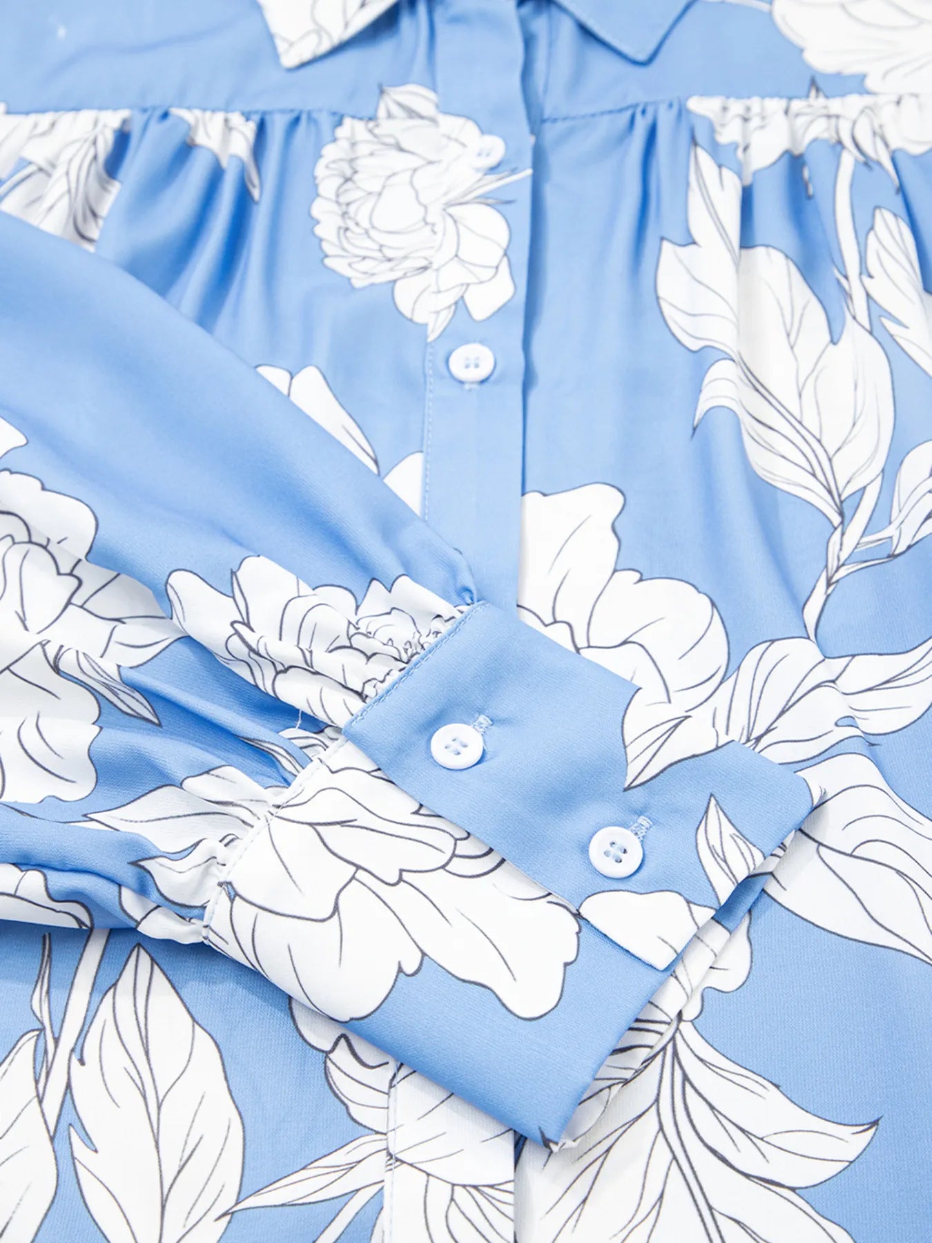 Floral Print Button Up Pleated Detail Puff Sleeve Shirt OutfitFlow
