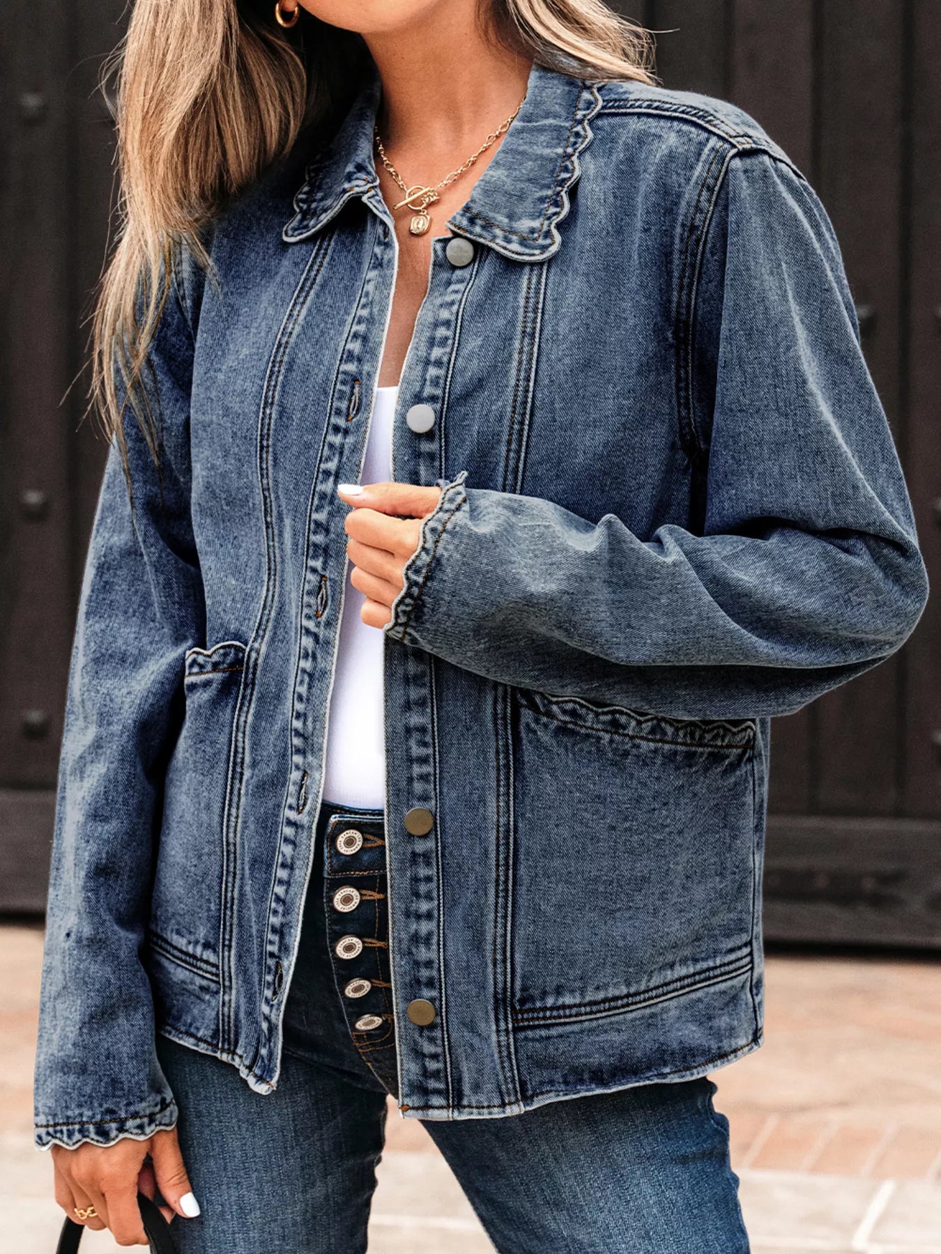 Scallop Trim Collar Patched Pocket Button Up Denim Jacket OutfitFlow