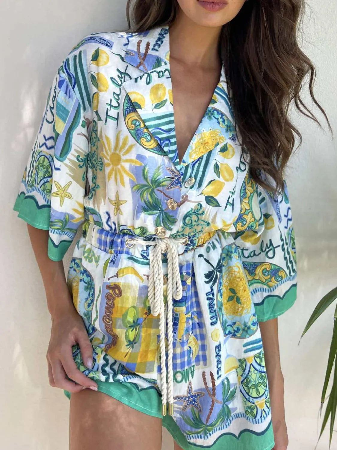 Printed Collared Neck Half Sleeve Romper OutfitFlow