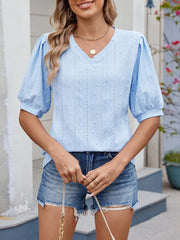 Puff Sleeve V-Neck Eyelet Lace T-Shirt OutfitFlow