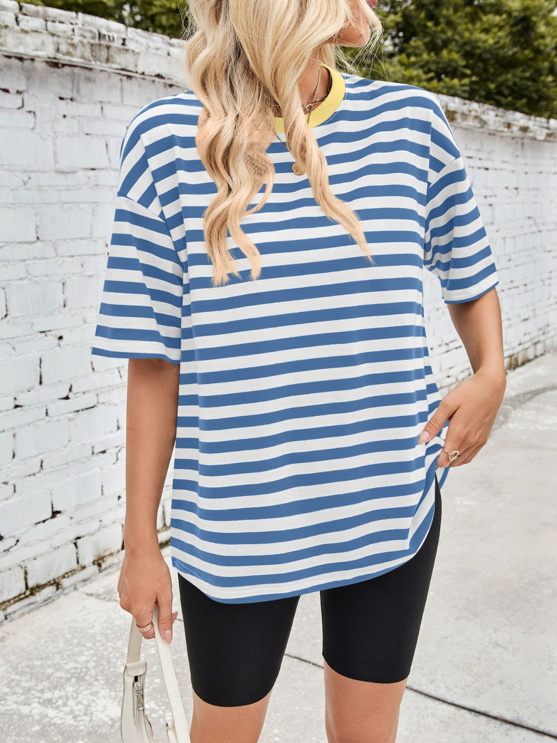 Outfit Flow - Lovelet Striped Round Neck Half Sleeve T-Shirt