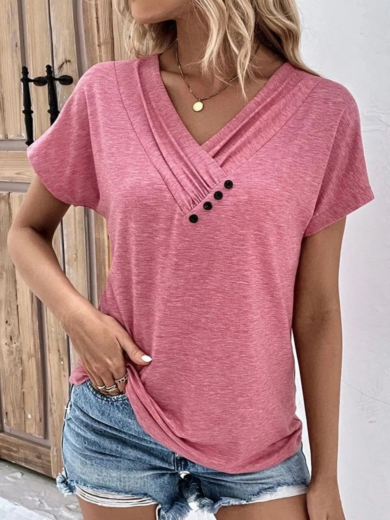 Decor Button Short Sleeve T-Shirt OutfitFlow