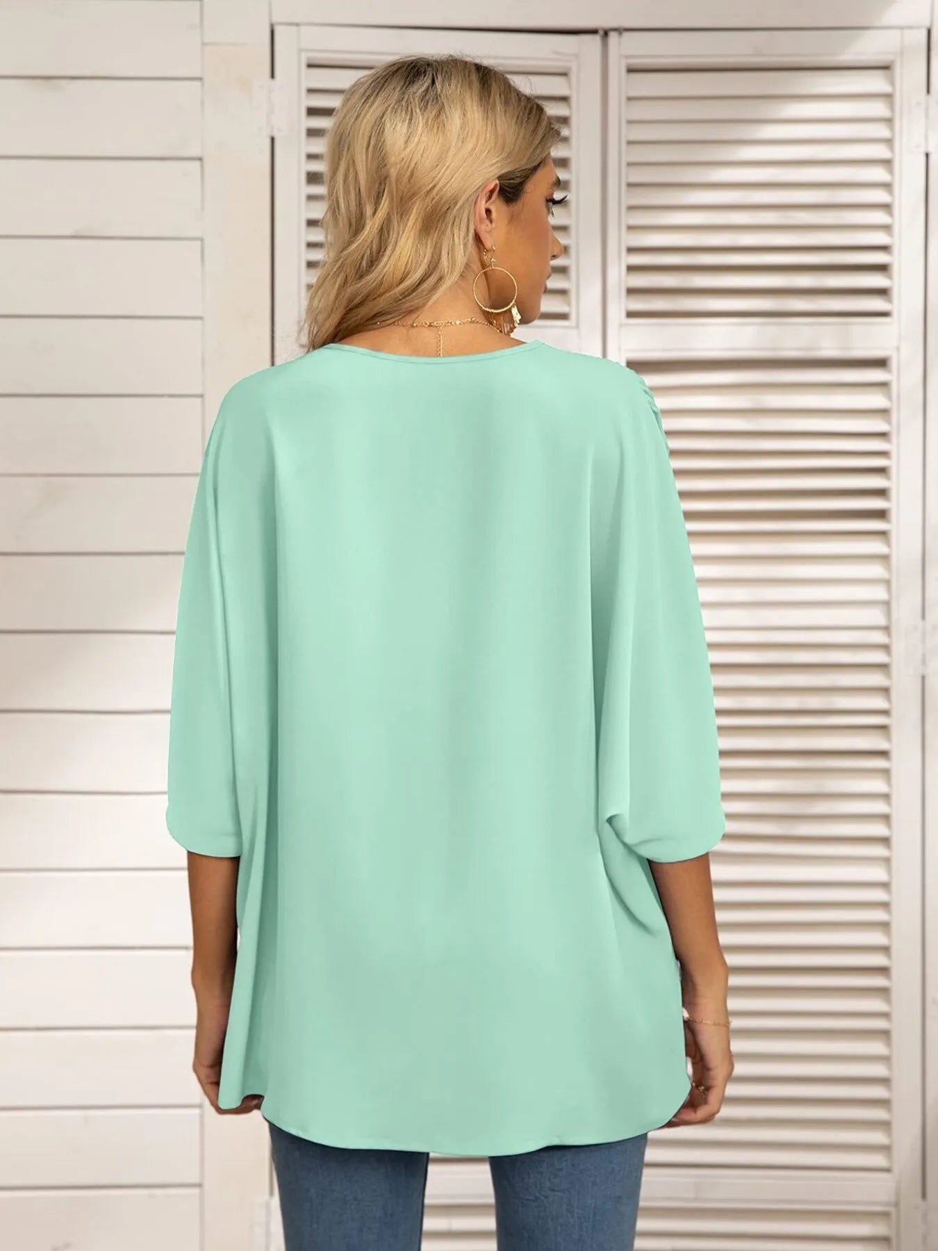 Oversized Contrast V-Neck Half Sleeve Blouse OutfitFlow
