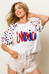 BiBi Metallic Letter Spangle Raglan Puff Sleeve Top OutfitFlow