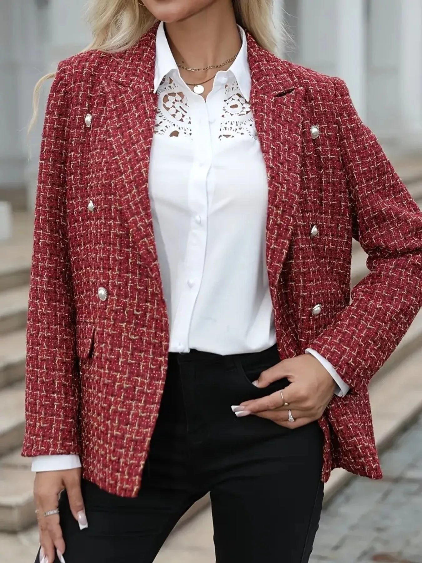 Plaid Double-Breasted Tweed Blazer Red Trendsi