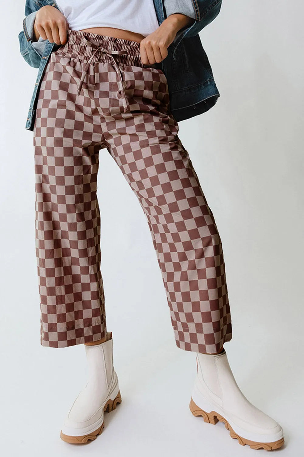 Checkered Elastic High Waist Loose Casual Pants Camel OutfitFlow