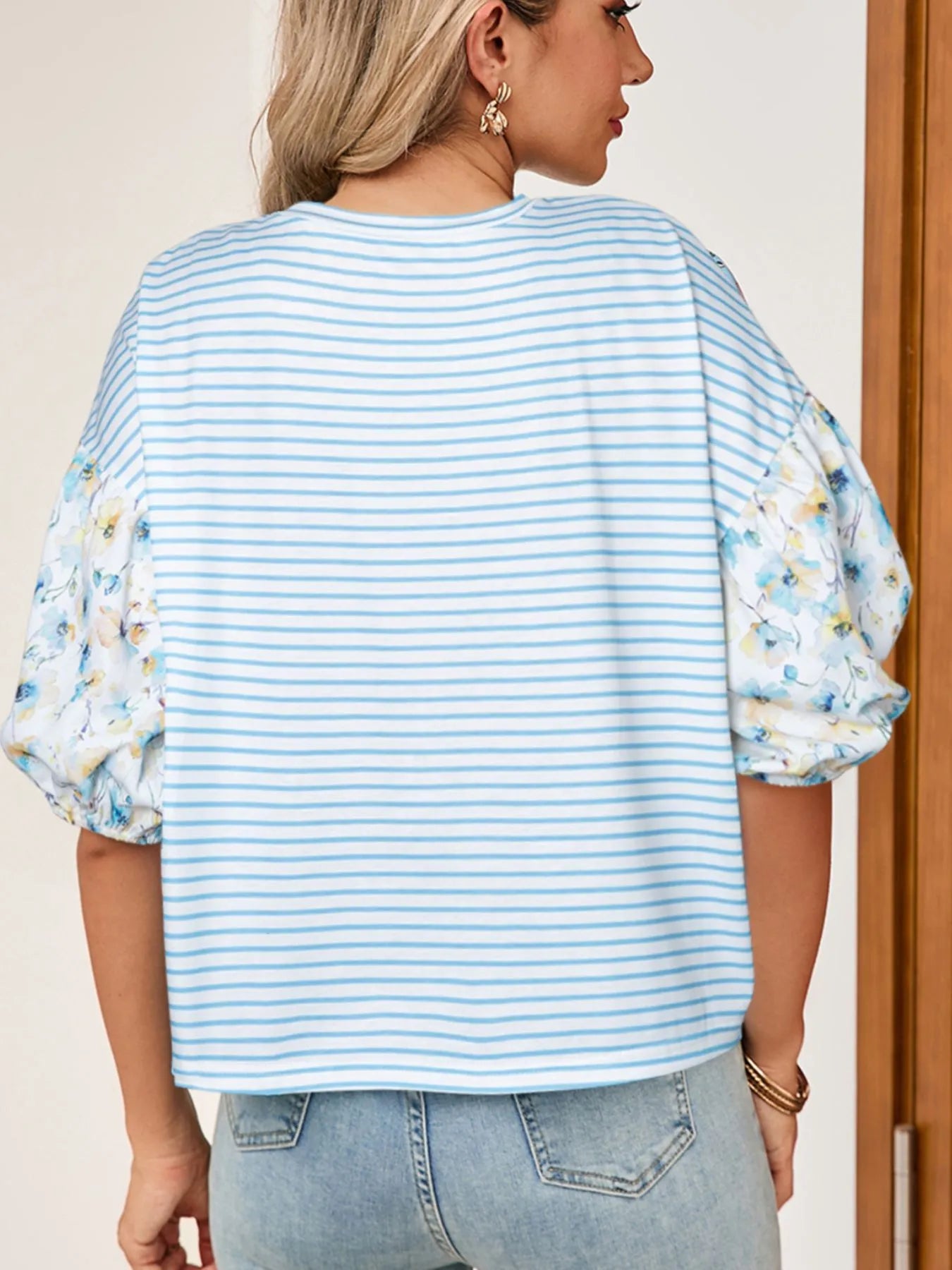 Striped Floral Sleeve Casual Blouse OutfitFlow