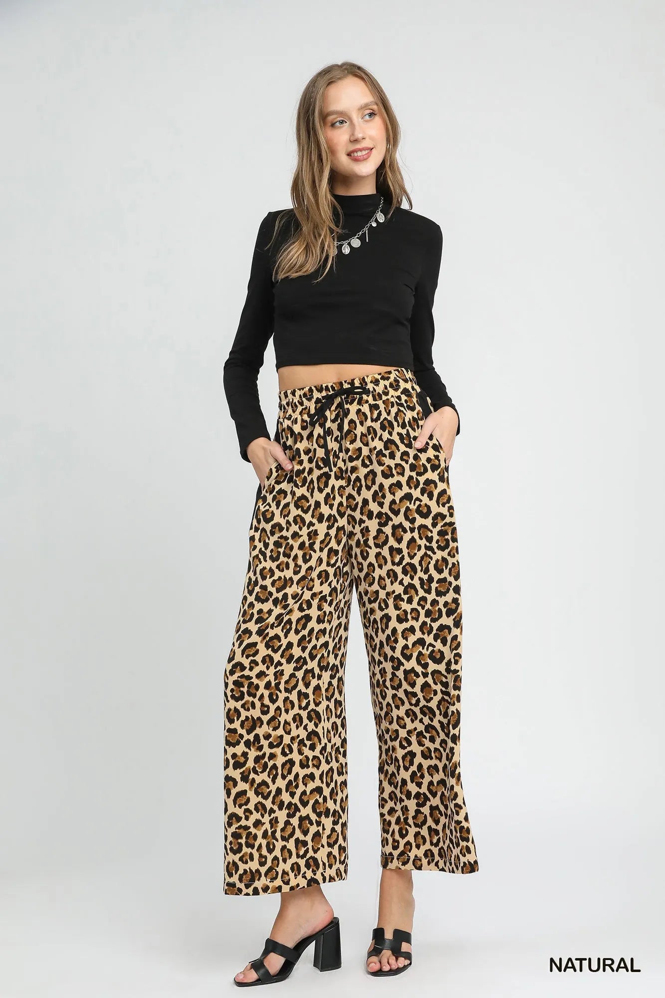 Umgee Leopard Print Wide-Leg Drawstring Pants OutfitFlow