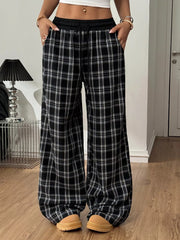 Plaid Wide-Leg Pants with Elastic Waistband OutfitFlow
