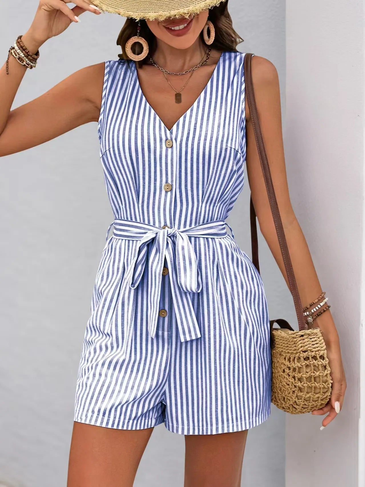 Striped V-neck Button Front Belted Romper OutfitFlow