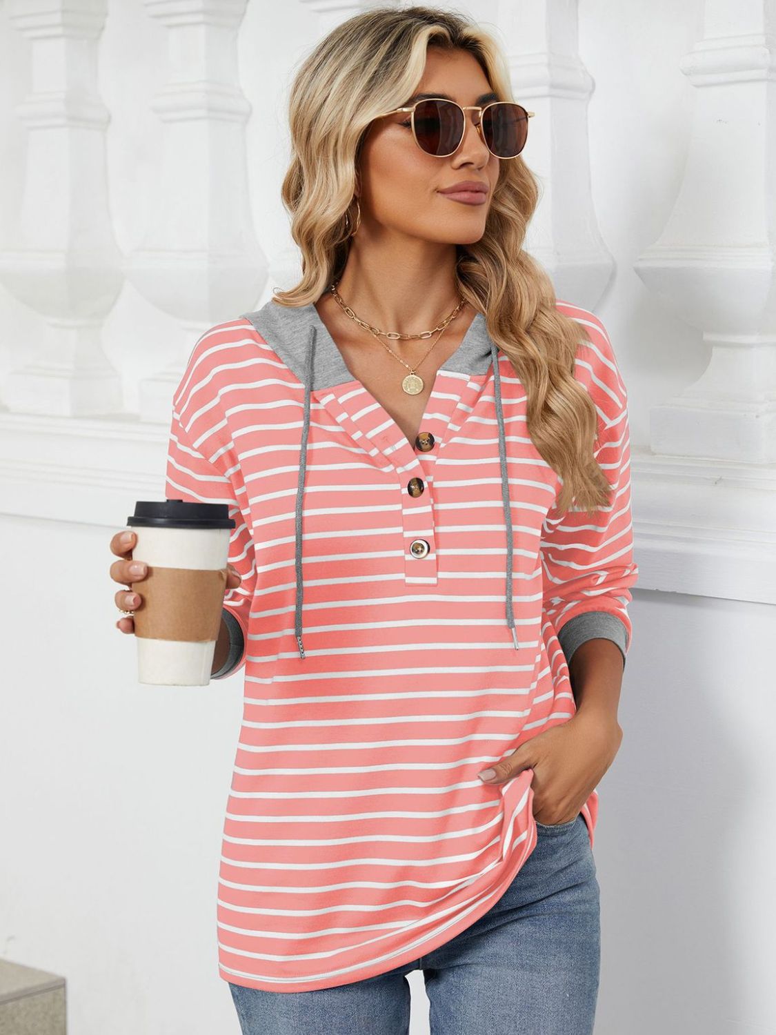 Outfit Flow - Drawstring Striped Long Sleeve Hoodie