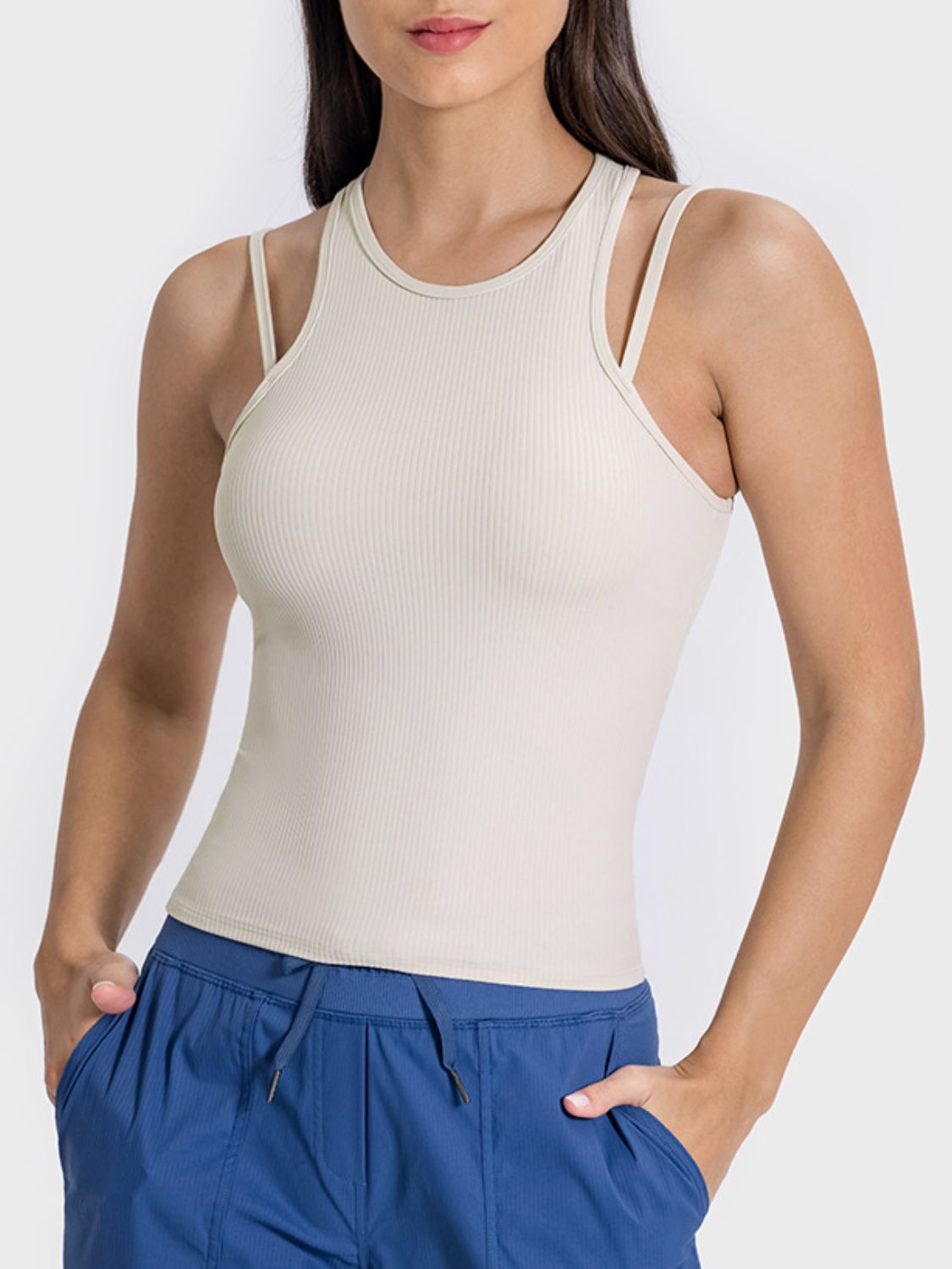 Millennia Cutout Round Neck Racerback Active Tank Beige OutfitFlow